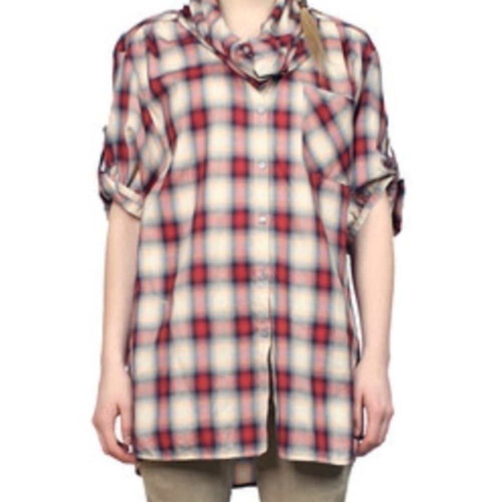 Vince Plaid Cowl‎ Neck Button Down Shirt